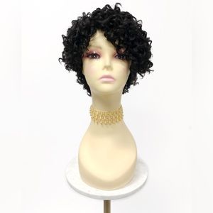 Dark brown short curly tapered heat resistant wig